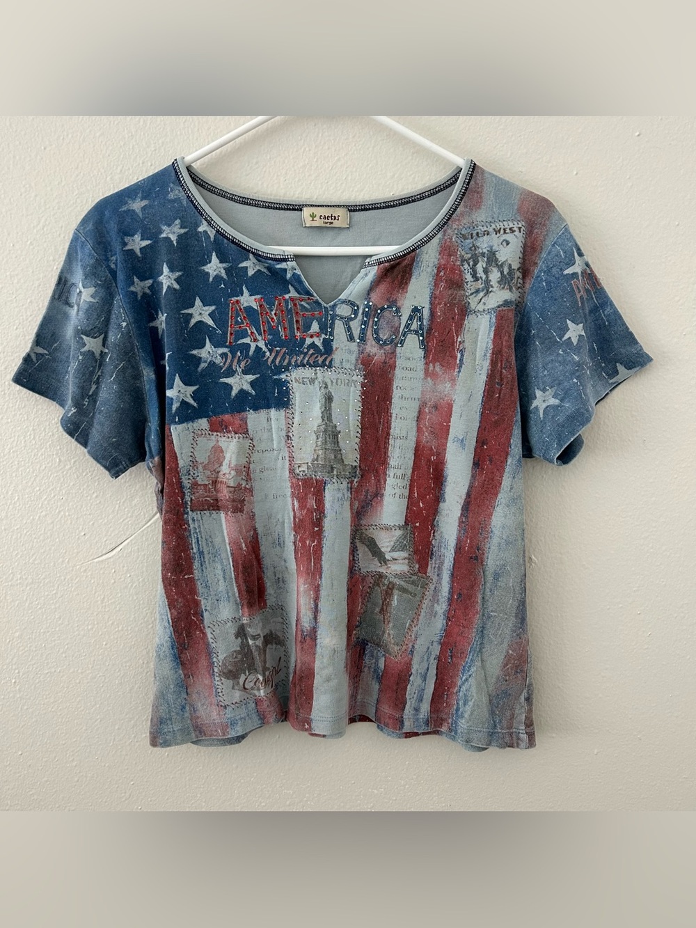Y2K Cactus Patriotic America Graphic Tee Womens L Rhinestone Bling Flag 90s Vtg